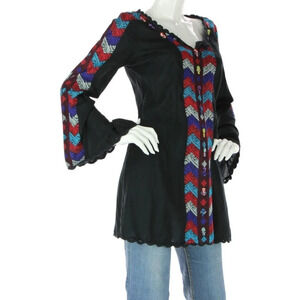 Free People Dress  Tunic Top Shirt  V Neck Black w Embroidery Sz8 NWT